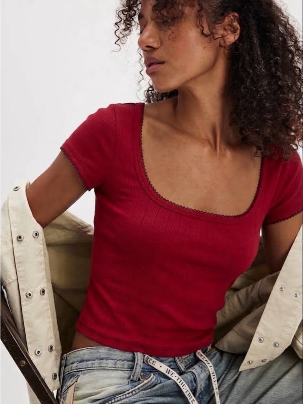 Free People NWT Intimately End Game Pointelle Baby Tee Red Short Sleeve Top Sz L